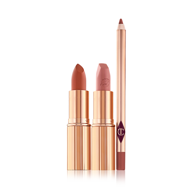 Two open lipsticks, one in a brick red shade with a satin finish and the other in a soft peachy-rose shade with a matte finish in sleek, gold-coloured tubes with a lip liner pencil in a dark brown-red shade.