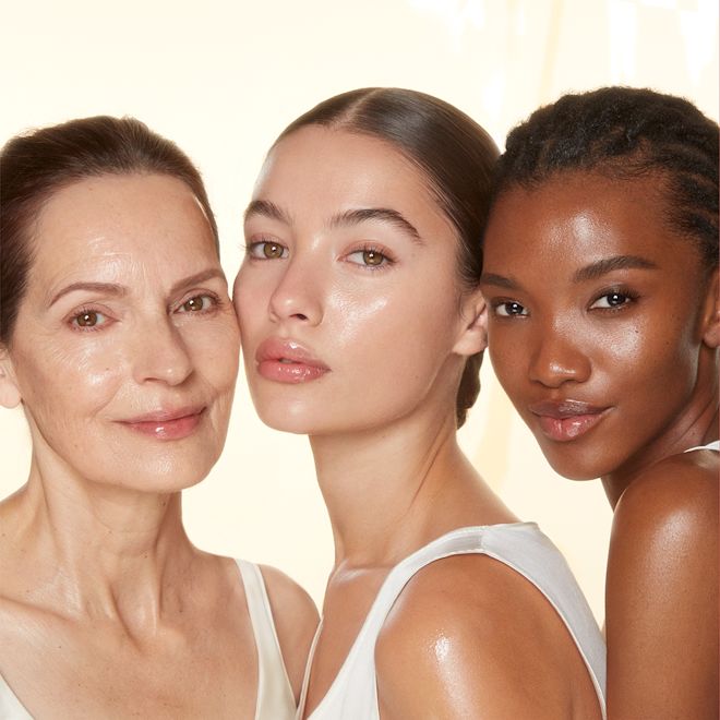 Three models wearing Charlotte Tilbury skincare Three models wearing Charlotte Tilbury skincare
