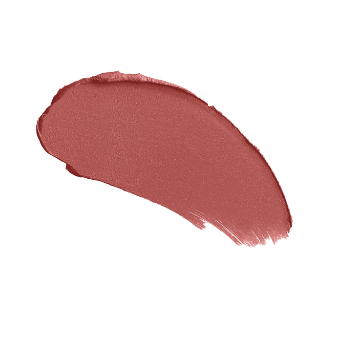 Swatch of a matte lipstick in a medium-dark coral shade.