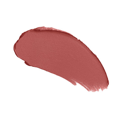 Swatch of a matte lipstick in a medium-dark coral shade.