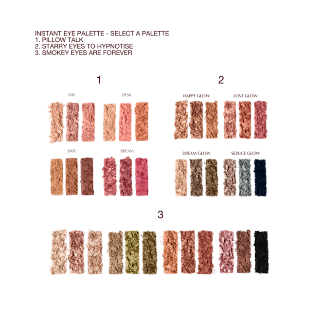 Instant Eye Palette collection swatches Swatches of three, 12-pan eyeshadow palettes in matte and shimmery shades of peach, pink, gold, brown, silvery, grey, navy, green, black, blue, red, beige, and champagne.