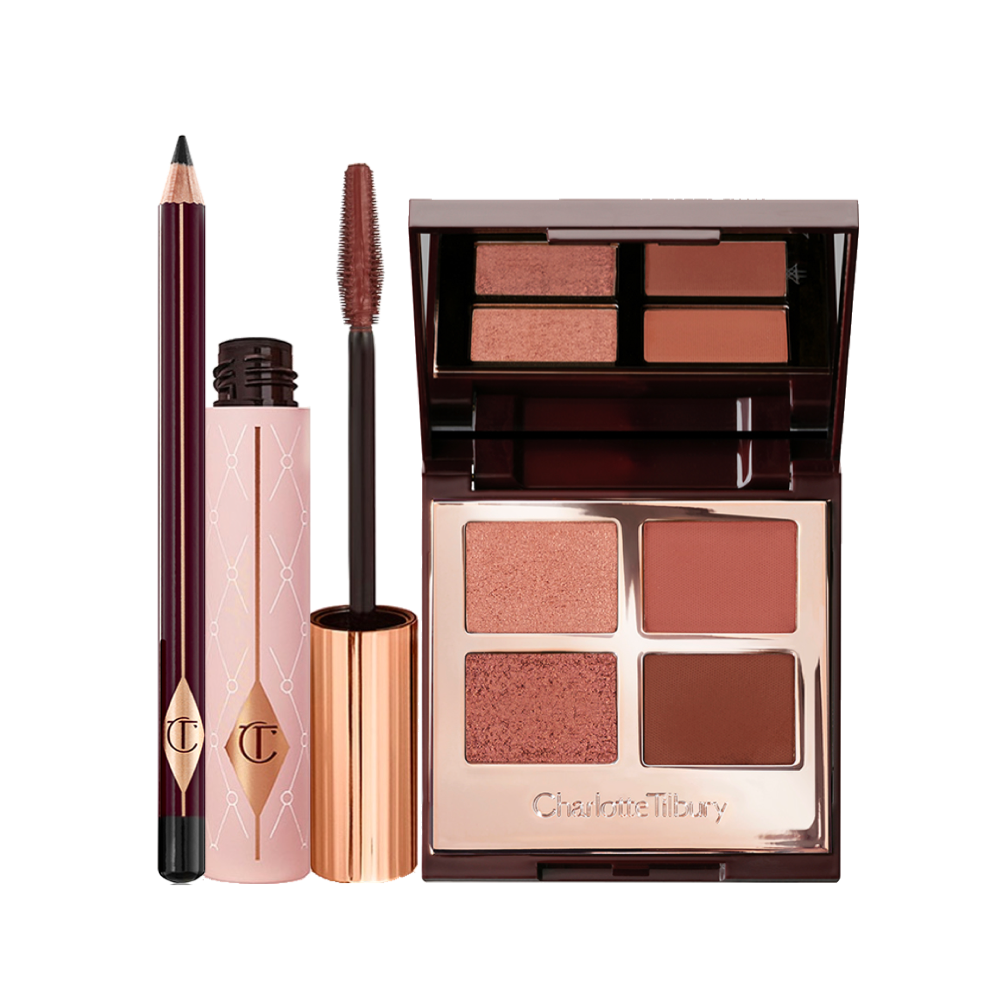 A mascara and open eyeshadow palette showing their shade of a berry, dark rosebud colour and black eyeliner