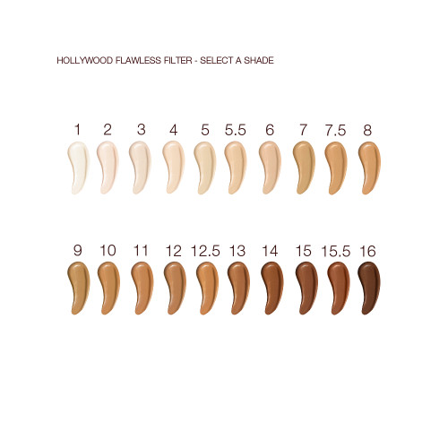 Swatches of twenty, liquid concealers in shades ranging from ivory, beige, and peach to light, medium, and dark brown for fair, light, medium-light, medium, medium-dark, and deep skin tones. 