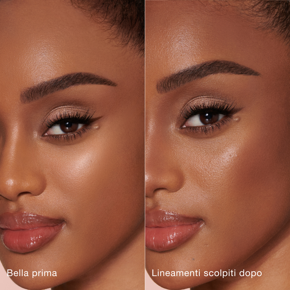 Side-by-side comparison of a person's face before and after makeup application. Left side labeled 'Beautiful before' shows natural features; right side labeled 'Sculpted after' shows enhanced contouring and highlighting for a more defined look."