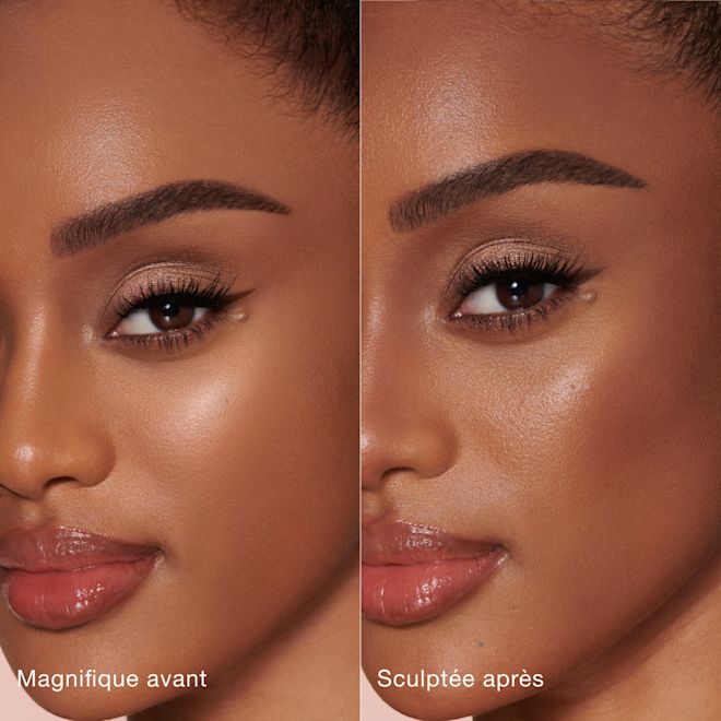 FR Contour Wand B&A Tan 1000x1000 Side-by-side comparison of a person's face before and after makeup application. Left side labeled 'Beautiful before' shows natural features; right side labeled 'Sculpted after' shows enhanced contouring and highlighting for a more defined look."