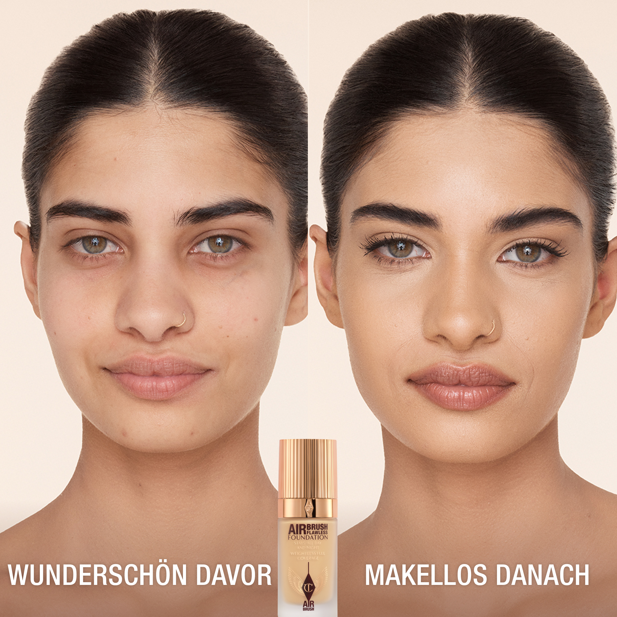 AIRBRUSH FLAWLESS FOUNDATION 5 WARM, VORHER UND NACHHER