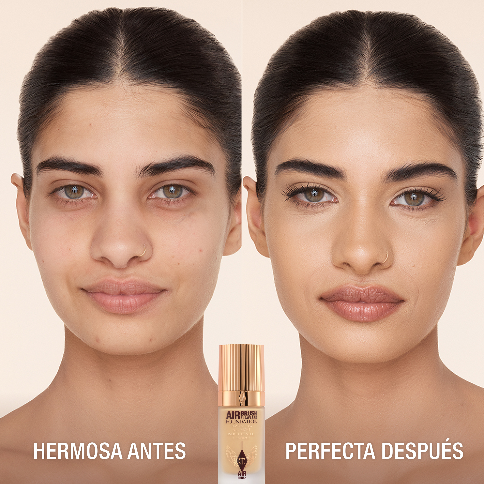 Antes y después de usar Airbrush Flawless Foundation 5 Warm