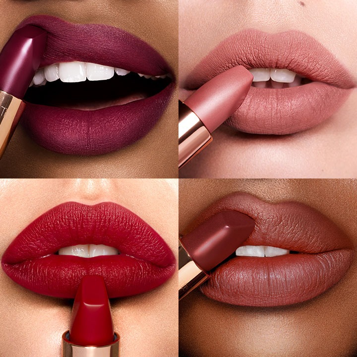 Collage of lips close-ups of four models wearing matte lipsticks in shades of eggplant, nude pink, ruby red, and nude pink brown. 