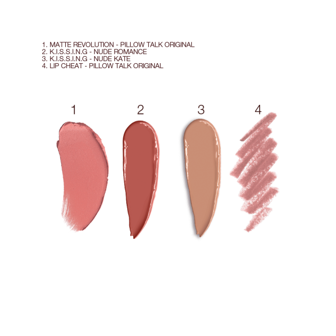 Swatches of a matte lipstick in a nude pink shade, satin-finish lipstick in a rosy-brown shade, satin-finish lipstick in a sandy-brown shade, and lip liner pencil in nude pink.