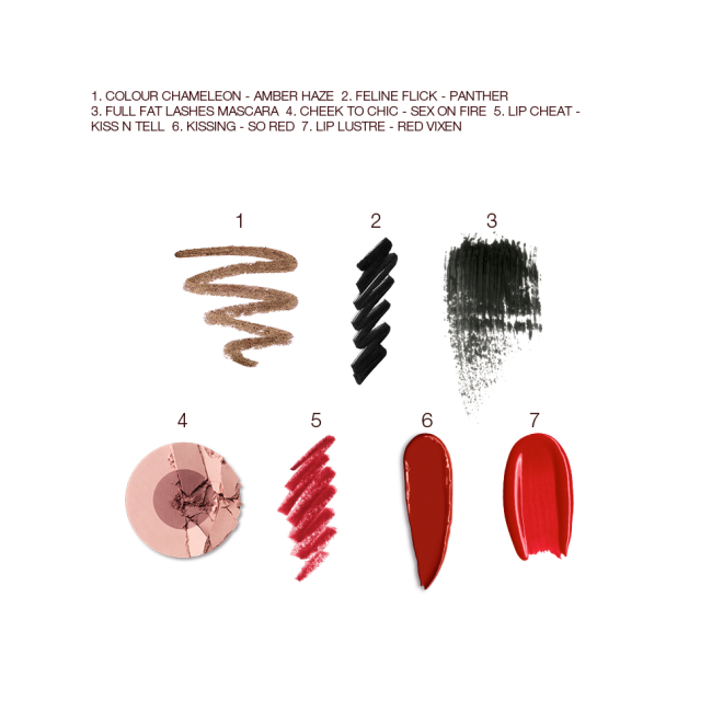 Swatches of eyeshadow in bronze, black eyeliner, black mascara, two-tone blush in mauve and pink-brown, lip liner in bright red, lipstick in maroon, and lip gloss in bright red. 