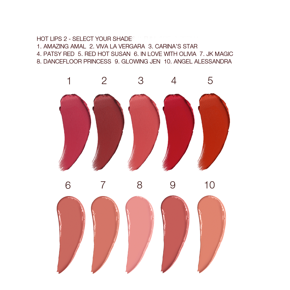 Swatches of ten lipstick in muted shades of pink, beige, red, brown, and purple.