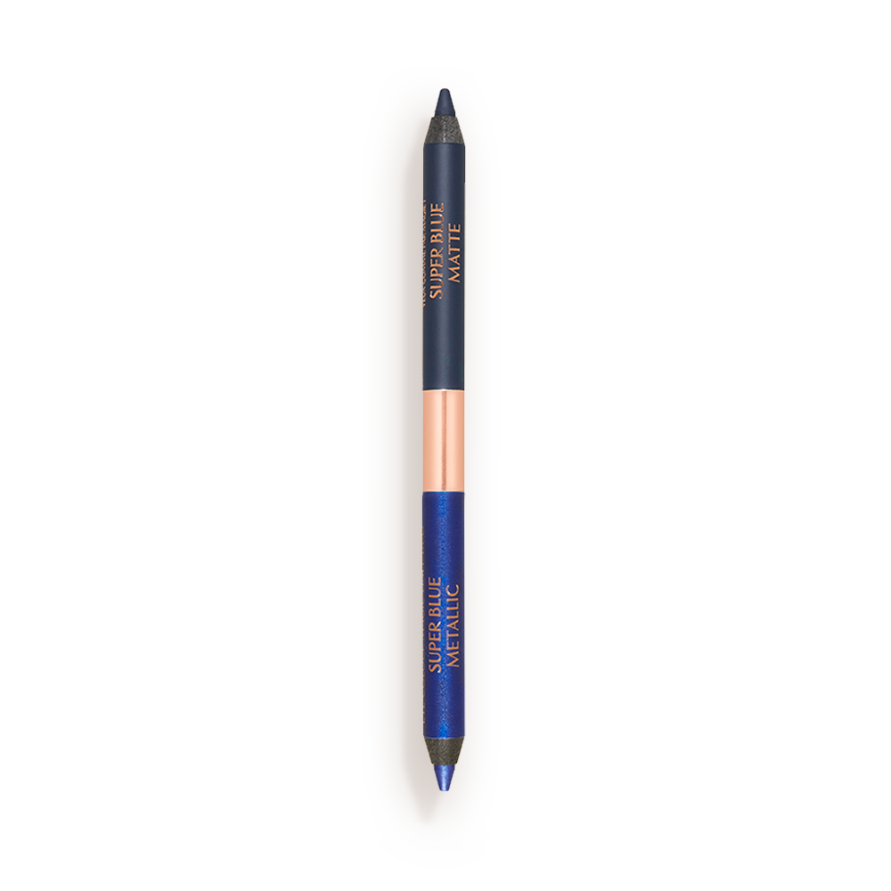 An open, double-sided eyeliner pen in sapphire blue and teal blue colours. 