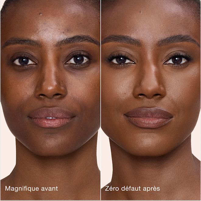 Avant/après Airbrush Flawless Concealer - 14.5 Deep (Foncé) Comparaison côte à côte de la peau avant et après l'application de l'Airbrush Flawless Concealer de Charlotte Tilbury, avec les étiquettes de texte « Magnifique avant » et « Zéro défaut après ».