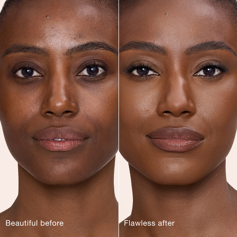 Side-by-side comparison showing skin before and after applying Charlotte Tilbury Airbrush Flawless Concealer, with text labels 'Beautiful before' and 'Flawless after'.