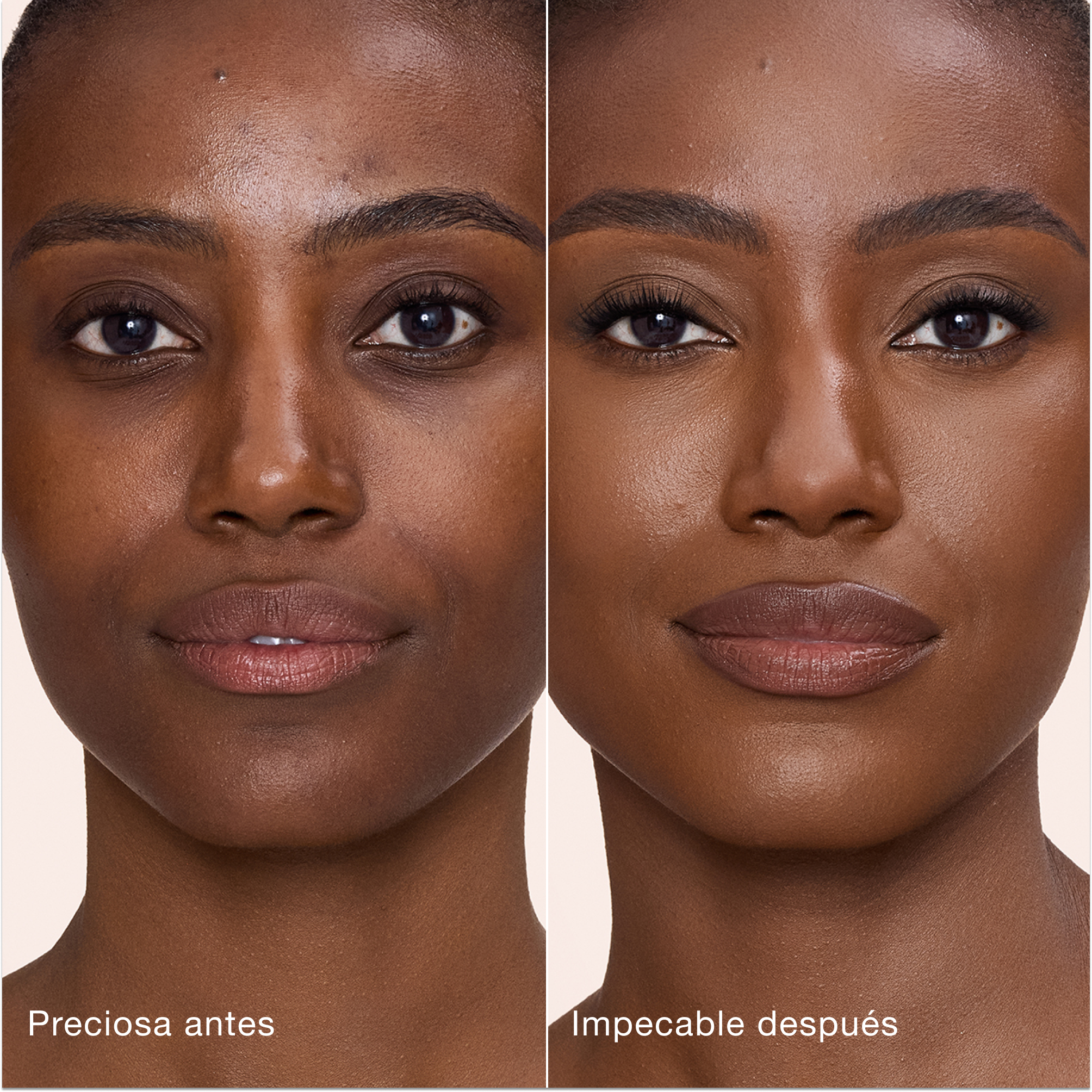 Comparación paralela que muestra la piel antes y después de aplicar el corrector Charlotte Tilbury Airbrush Flawless Concealer con las etiquetas de texto «Preciosa antes» y «Perfecta después».