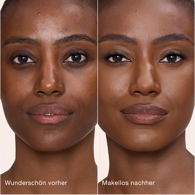 Airbrush Flawless Concealer − 14.5 Deep – vorher und nachher Ein direkter Vergleich zeigt die Haut vor und nach dem Auftragen des Charlotte Tilbury Airbrush Flawless Concealers mit den Beschriftungen „Wunderschön vorher“ und „Makellos nachher“.
