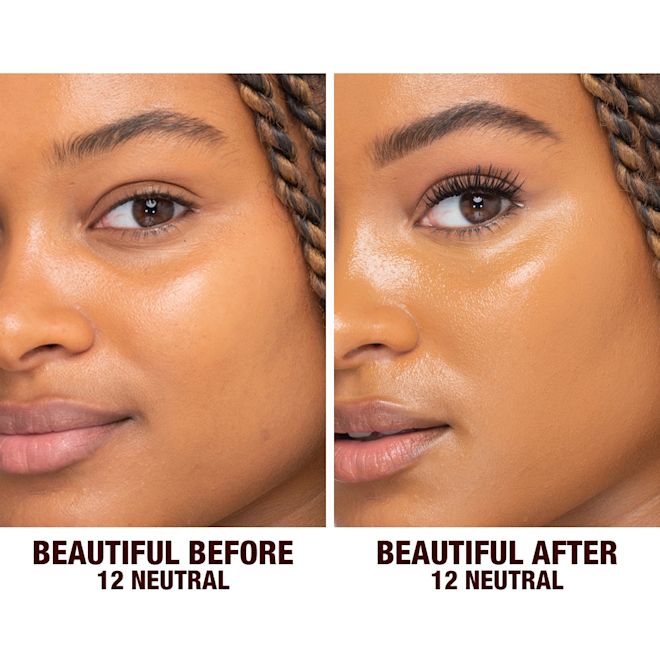 Beautiful Skin Foundation in 12N on deep-tone model before and after Before and after shots of a deep-tone model without any makeup and then wearing glowy, flawless skin, wearing skin-like foundation that adds a youthful glow and looks natural along with nude pink lipstick and subtle everyday eye makeup.