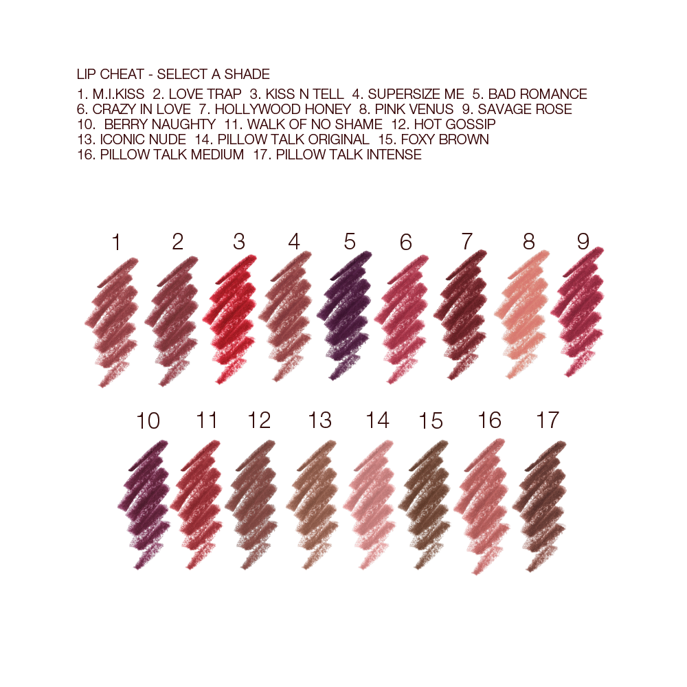 Lip cheat lip liner labelled swatches