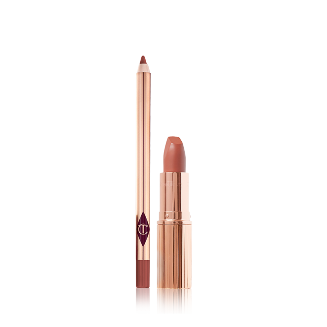 An open lip liner pencil and an open lipstick in a warm, peachy-nude shade.