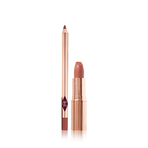 An open lip liner pencil and an open lipstick in a warm, peachy-nude shade.