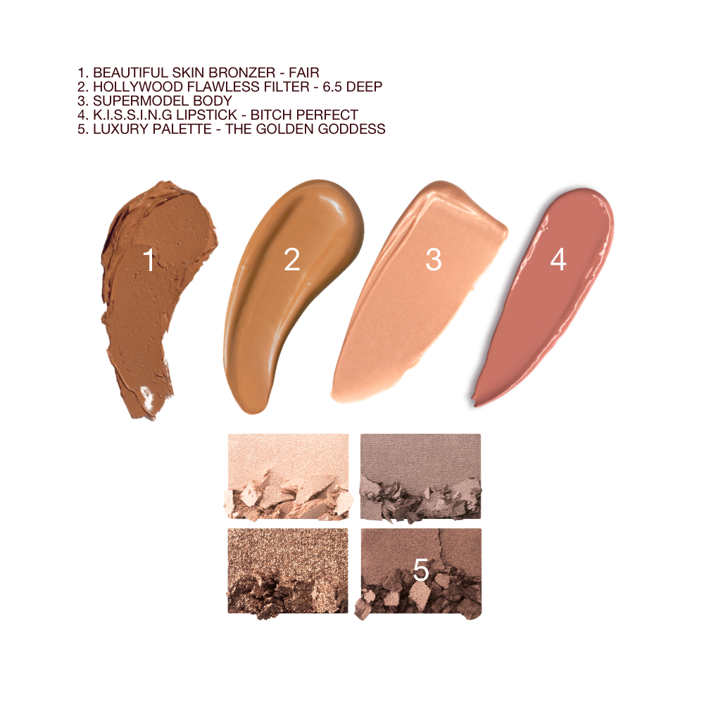 Swatches of a cream bronzer, glowy body highlighter, luminous primer in a dark brown shade, satin finish lipstick in a peachy-rose shade, and quad eyeshadow palette with matte and shimmery brown, grey, and gold shades.