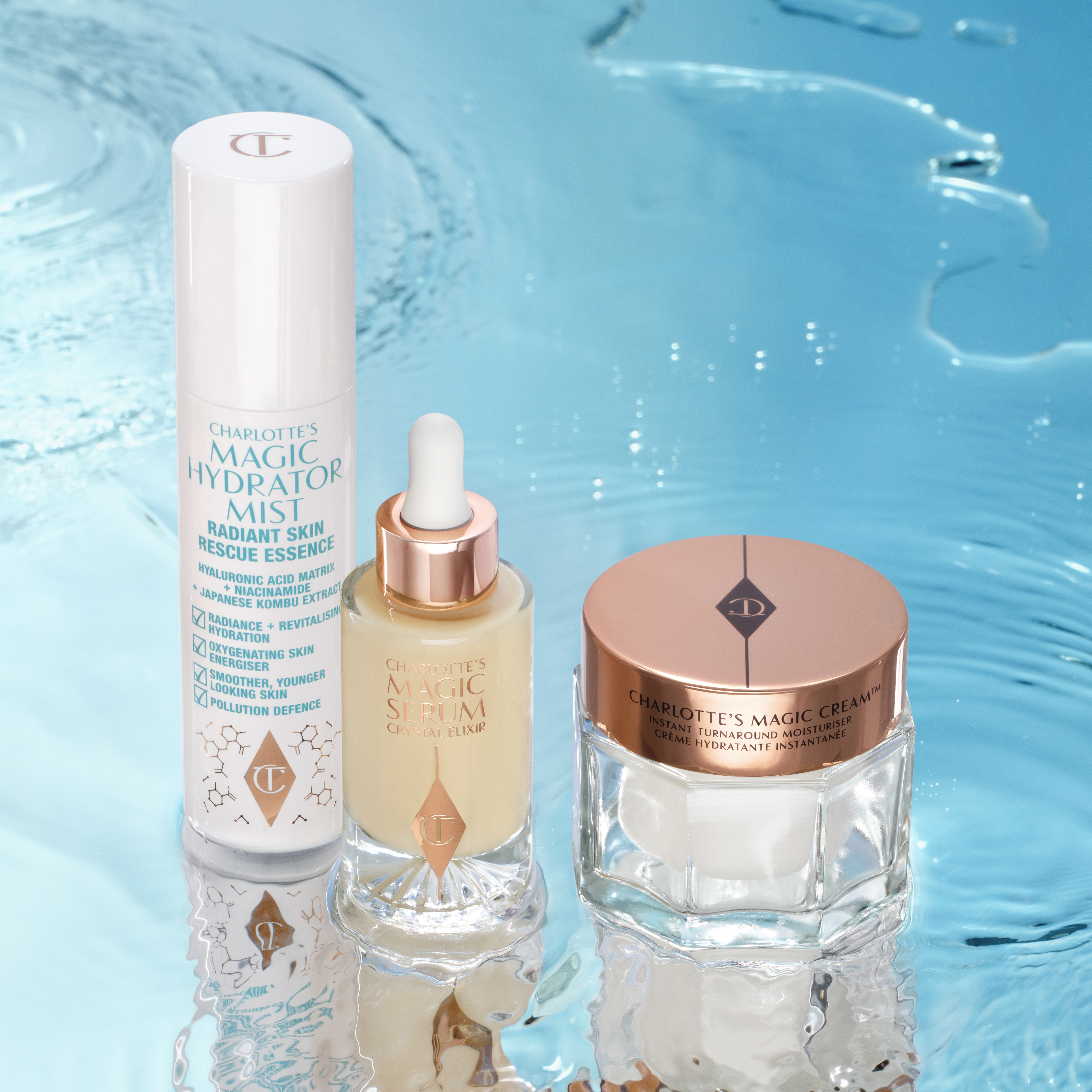 Inflight skincare essentials including Charlotte's Magic Hydrator Mist, Magic Cream and Magic Serum