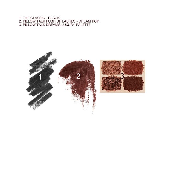 Classic Eyeliner, Pillow Talk Push Up Lashes mascara and Pillow Talk Dreams Luxury Palette swatches A texture swatch showing the berry, rosebud shade of the pillow talk products included in the Pillow Talk Eye Enhancing Secrets bundle and black eyeliner.