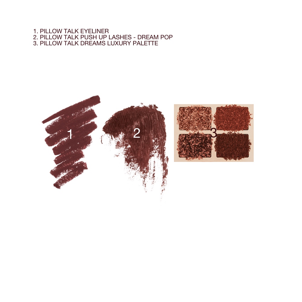 Swatches of a berry-brown eyeliner, dark brown mascara, and quad eyeshadow palette in shimmery and matte shades of brown and gold. 