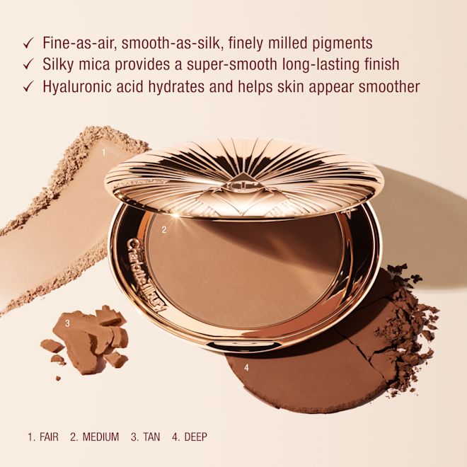 Airbrush bronzer Infographic Benefits Open compact of bronzing powder with loose particles, highlighting sun-kissed contouring benefits for all skin tones.