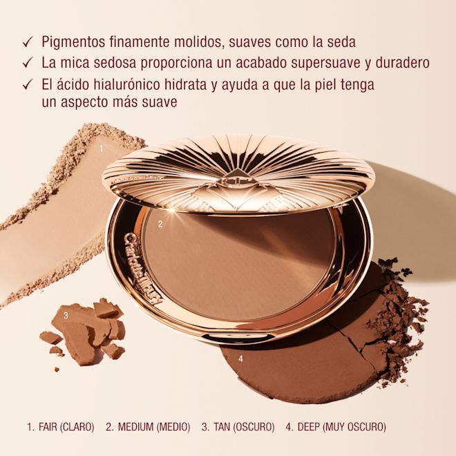 ESUS Airbrush Flawless Bronzer Texture Open compact of bronzing powder with loose particles, highlighting sun-kissed contouring benefits for all skin tones.