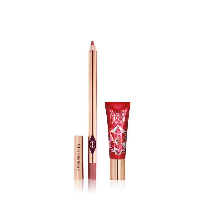 An open lip liner pencil in nude pink shade and closed lip oil in a berry-rose tube with gold-coloured lid. 