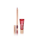 An open lip liner pencil in nude pink shade and closed lip oil in a berry-rose tube with gold-coloured lid. 