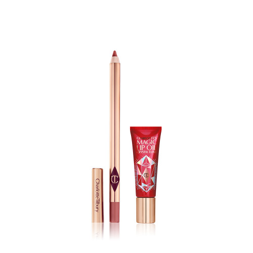 An open lip liner pencil in nude pink shade and closed lip oil in a berry-rose tube with gold-coloured lid. 