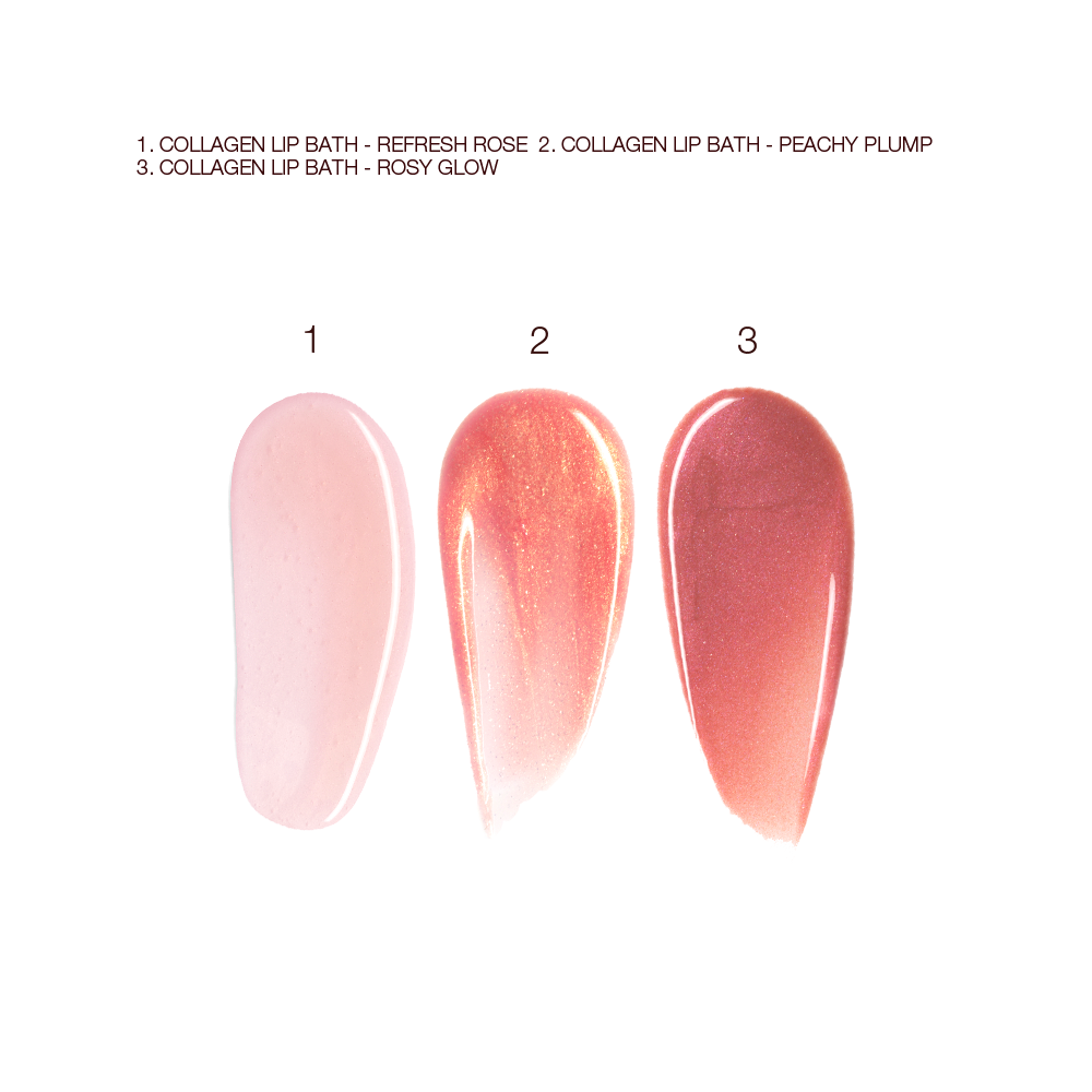 Swatches of three, high-shine lip glosses in sheer pink, coral-peach, and dusky pink.