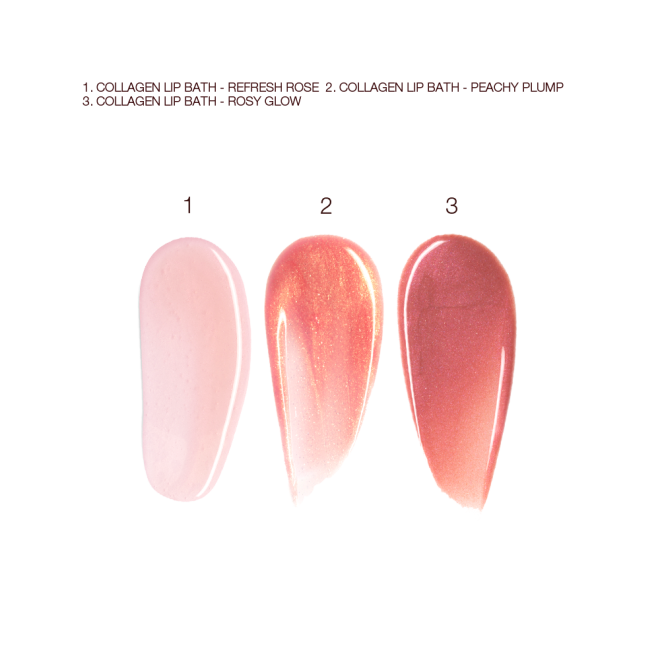 Swatches of three, high-shine lip glosses in sheer pink, coral-peach, and dusky pink.