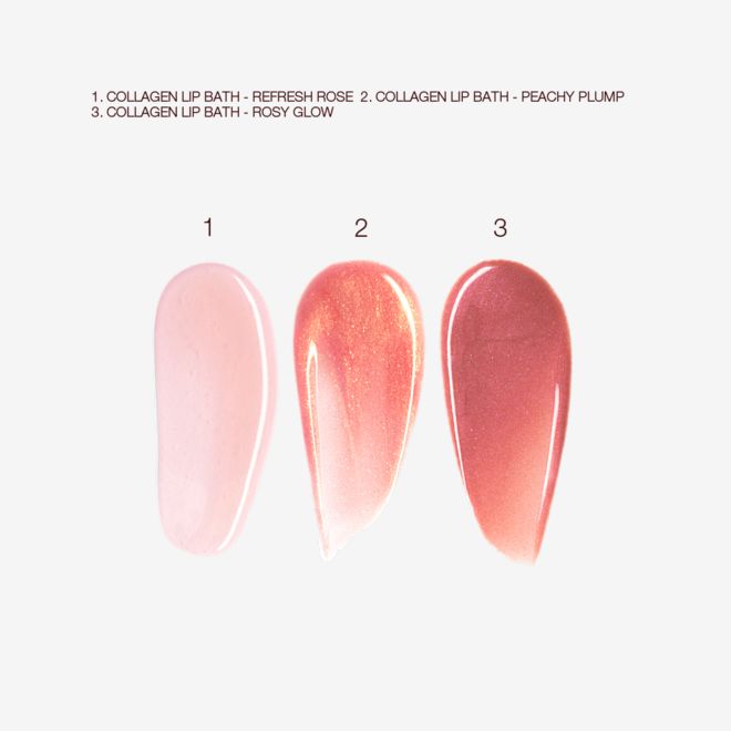 Collagen Lip Bath swatches Swatches of three, high-shine lip glosses in sheer pink, coral-peach, and dusky pink.