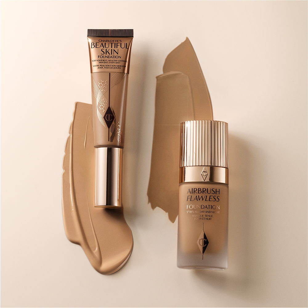 Charlotte's Beautiful Skin Foundation and Airbrush Flawless Foundation with texture swatches