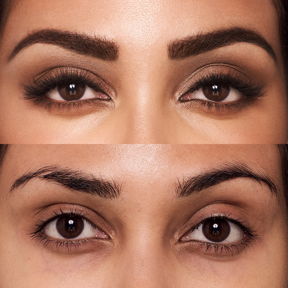 Split screen showing model before and after removing their eye makeup