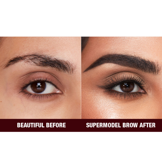 Before and after of a medium-tone model with brown eyes with bare brows on one side and thick, filled, and lined eyebrows on the other side after applying a black-brown-coloured eyebrow pencil.