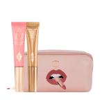 a liquid blush, liquid highlighter and makeup bag