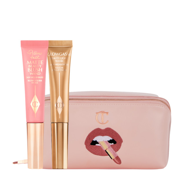 a liquid blush, liquid highlighter and makeup bag