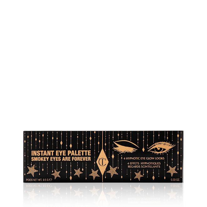 Instant Eye Palette in Smokey Eyes are Forever sleeve Black-coloured sleeve of a 12-pan eyeshadow palette with text on it that reads, 'Instant eye palette smokey eyes are forever'.