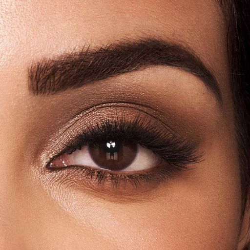 Single eye close-up of a brown-eyed model wearing shimmery bronze and brown eye makeup with shaped and defined dark brown eyebrows, 