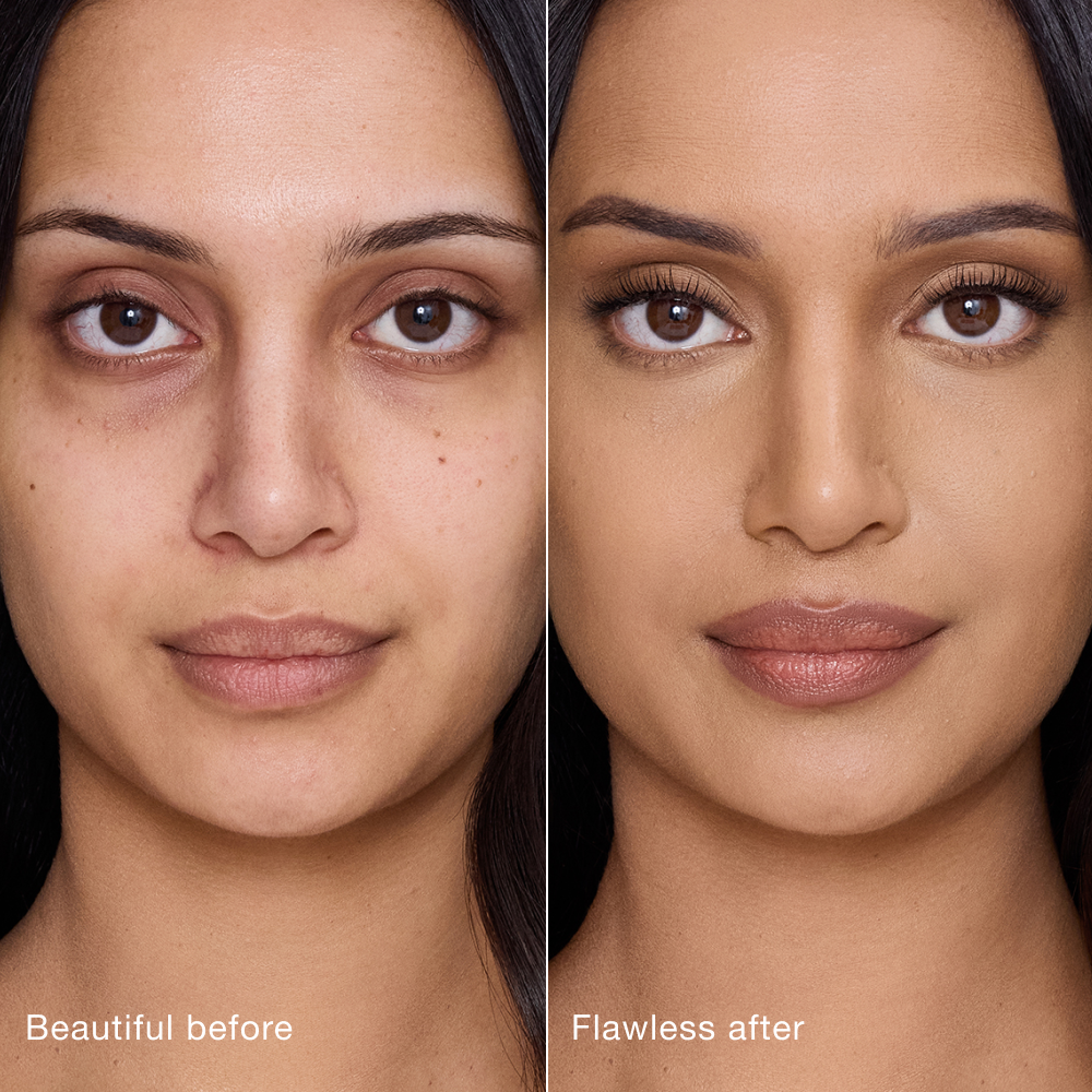 Side-by-side comparison showing skin before and after applying Charlotte Tilbury Airbrush Flawless Concealer, with text labels 'Beautiful before' and 'Flawless after'.
