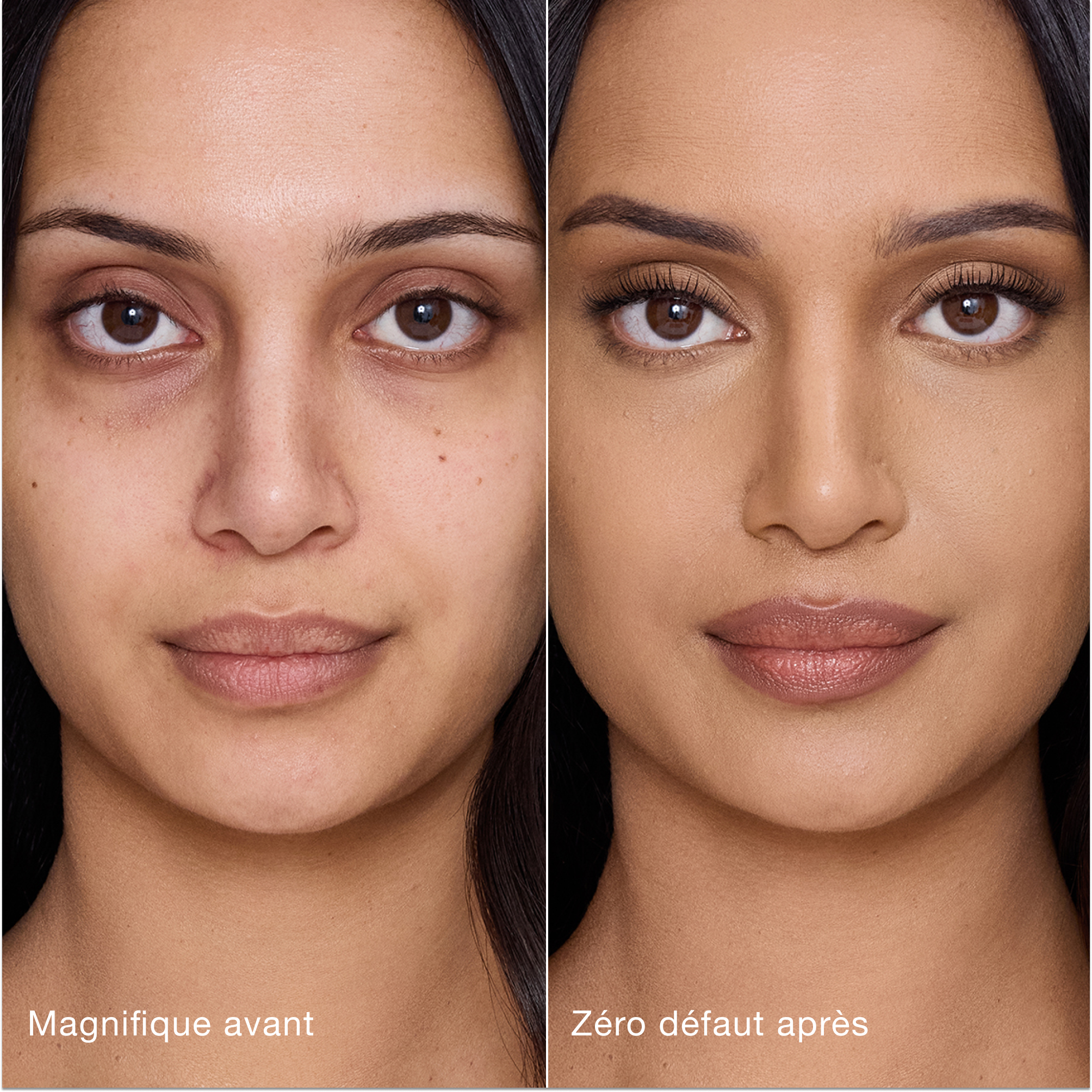 Comparaison côte à côte montrant la peau avant et après l'application de l'Airbrush Flawless Concealer de Charlotte Tilbury, avec les étiquettes de texte « Magnifique avant » et « Zéro défaut après ».
