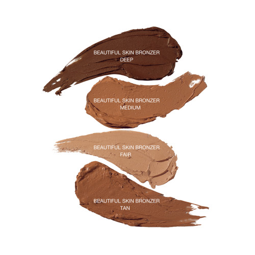 Swatches of four cream bronzers in sandy-beige, light brown, medium-brown, and dark brown cream bronzers.