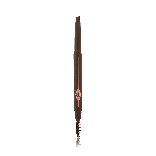 An open, double-ended eyebrow pencil and spoolie brush duo in a black brown shade with black-brown-coloured packaging 