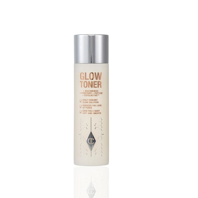 Glowy, cream-coloured toner in a large clear bottle with a silver-coloured lid.