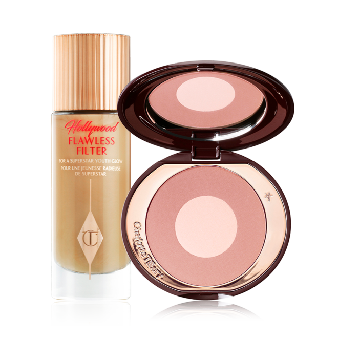 Glowy primer in a sleek glass bottle with a gold-coloured lid and a two-tone blush in nude pink and champagne with a mirrored-lid.