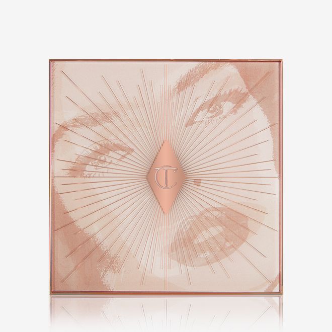 Glowgasm face palette in Nudegasm closed A closed face palette with a starburst pattern on top and an illustration of a face with smokey eye makeup and plump lips with lip gloss on.